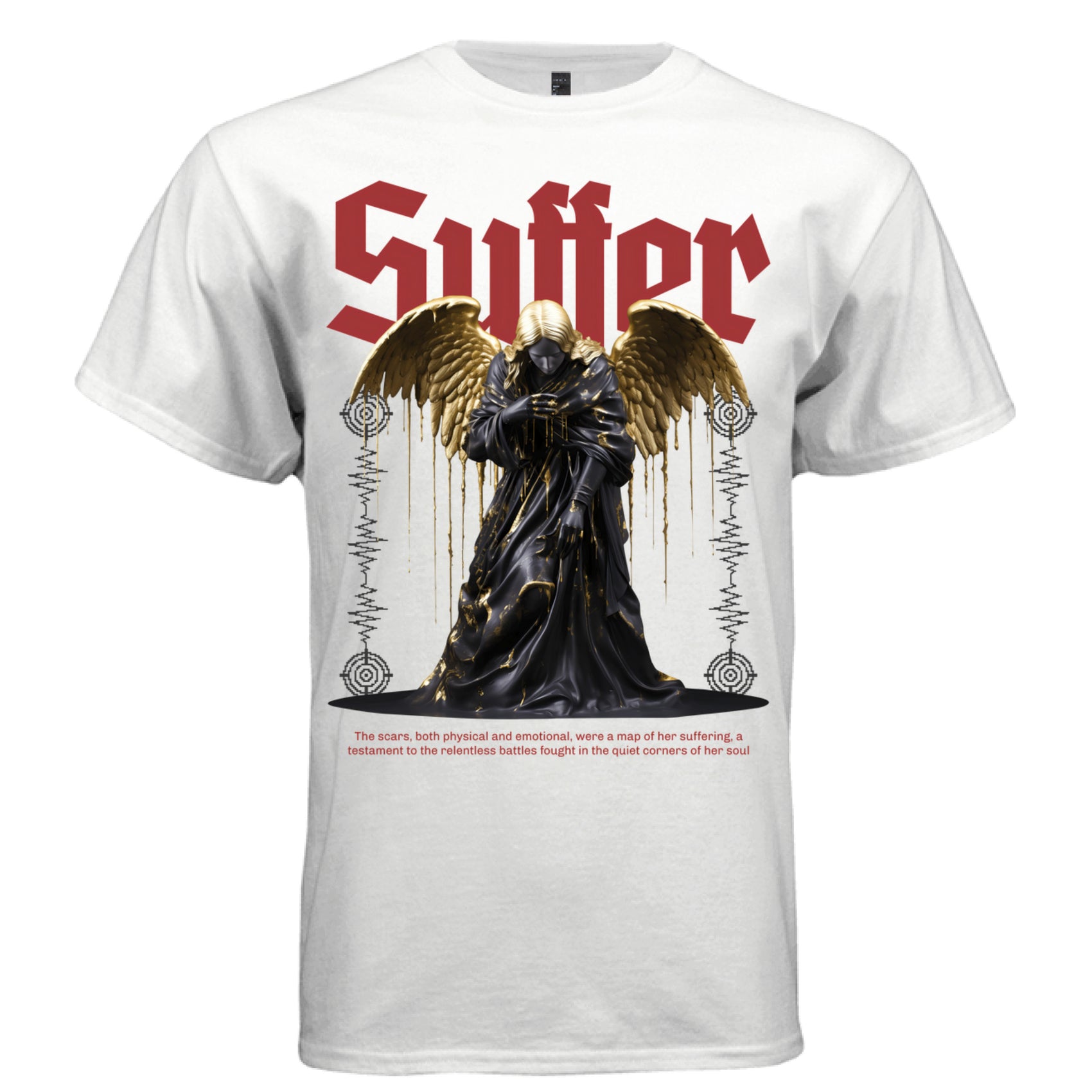 Black robed dark angel with gold wing drip and red Suffer gothic text kintsugi faith streetwear t-shirt