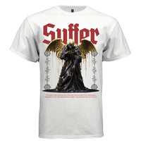 Black robed dark angel with gold wing drip and red Suffer gothic text kintsugi faith streetwear t-shirt