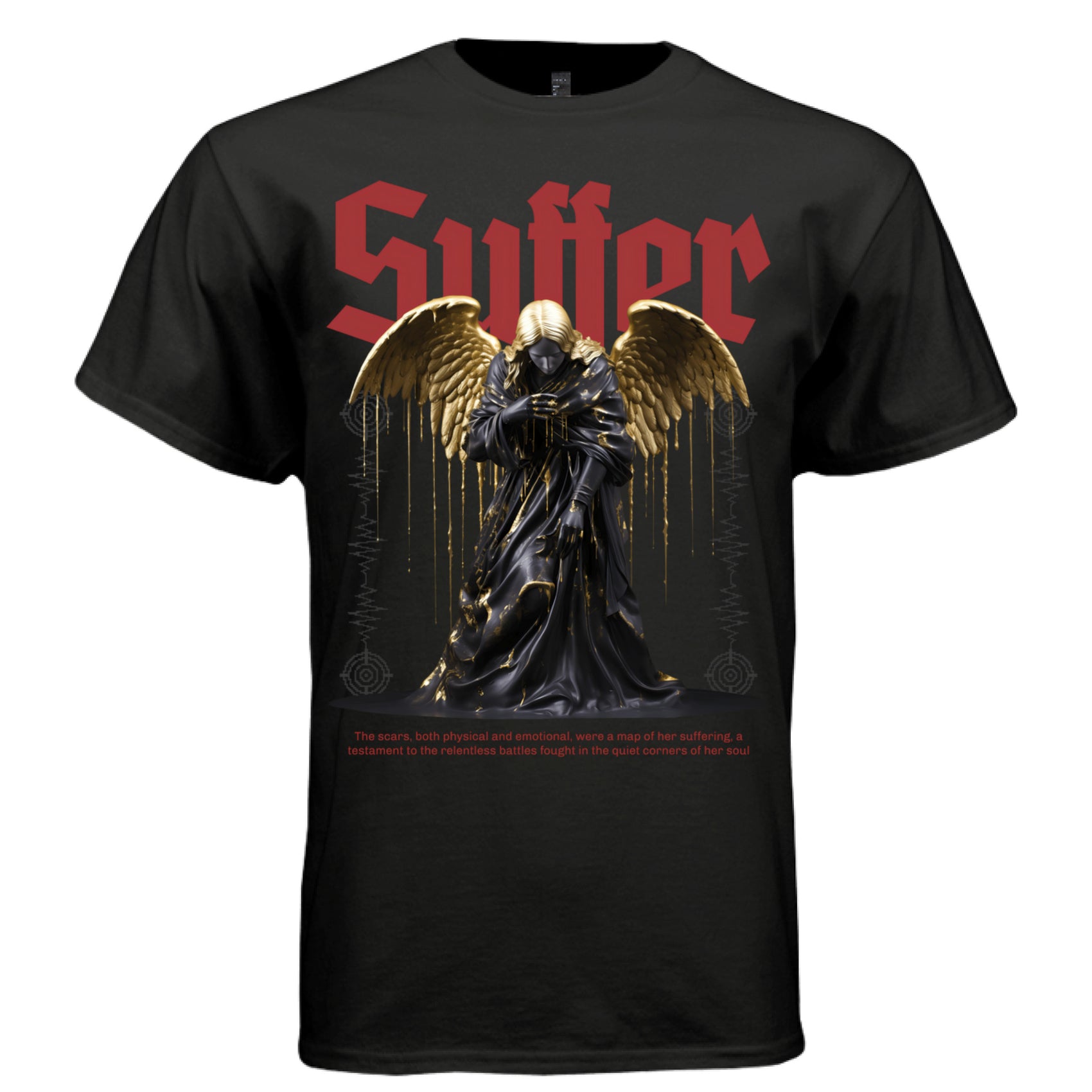 Suffer black drip gold angel wings scars battles soul quiet strength faith tee Project Hood