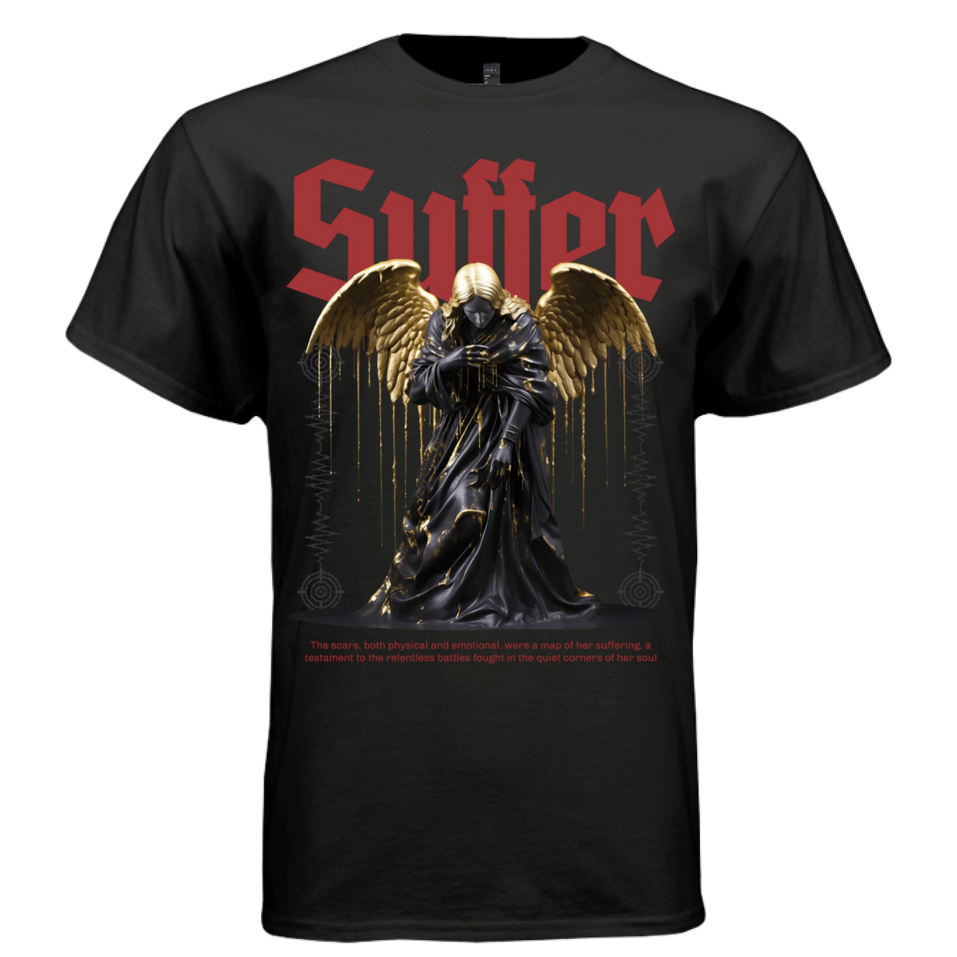 Suffer black drip gold angel wings scars battles soul quiet strength faith tee Project Hood