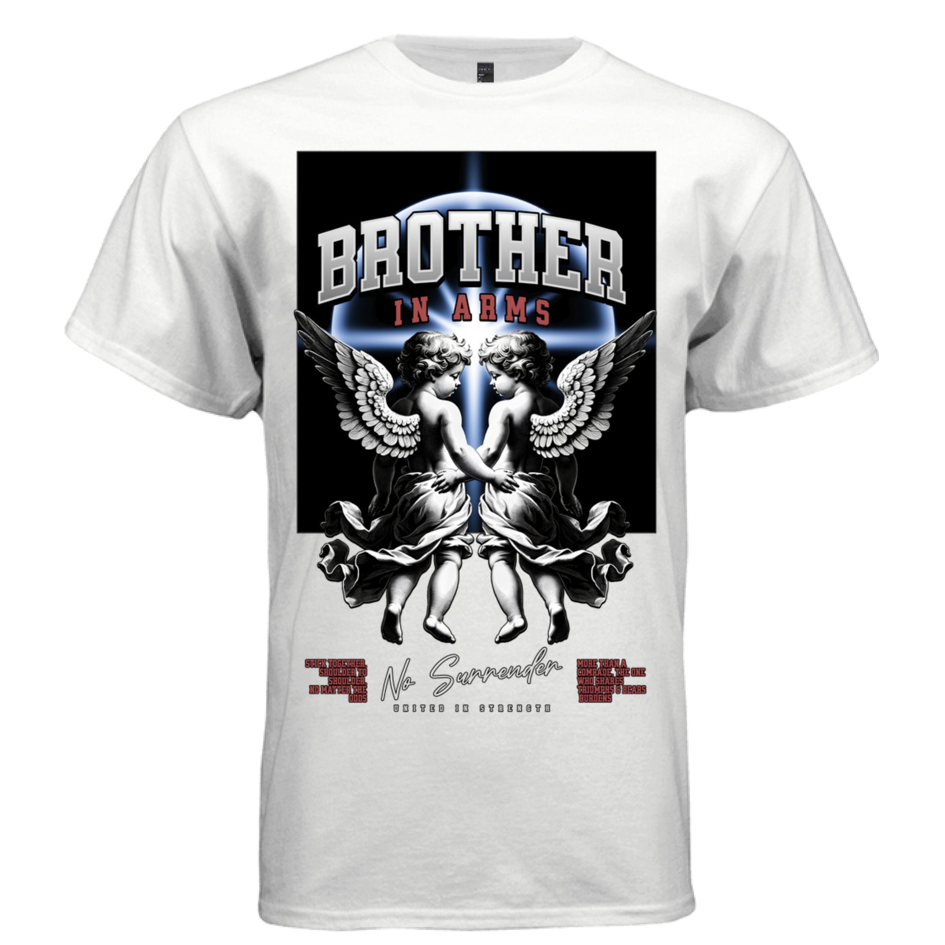 Two winged cherubs shoulder to shoulder No Surrender cursive script United in Strength faith streetwear t-shirt Project Hood