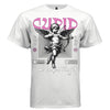 Classical Cupid figure drawing bow and arrow pink text Love Takes Flight graffiti script R Restricted U Underrated labels streetwear t-shirt Project Hood