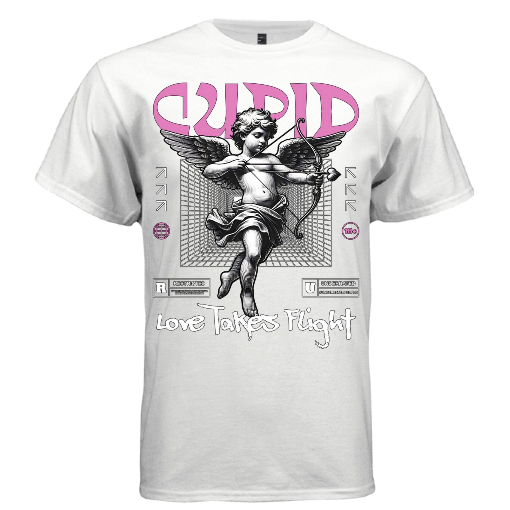 Classical Cupid figure drawing bow and arrow pink text Love Takes Flight graffiti script R Restricted U Underrated labels streetwear t-shirt Project Hood