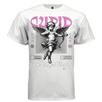 Classical Cupid figure drawing bow and arrow pink text Love Takes Flight graffiti script R Restricted U Underrated labels streetwear t-shirt Project Hood