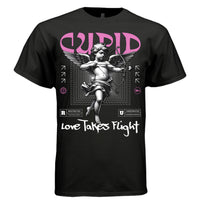 Classical engraving Cupid cherub bow aimed at viewer love takes flight pink cupid text perspective box street fashion tee Project Hood
