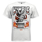 Marble classical angel with large wings holding a lance cross over red and black checker pattern fire at base streetwear t-shirt Project Hood