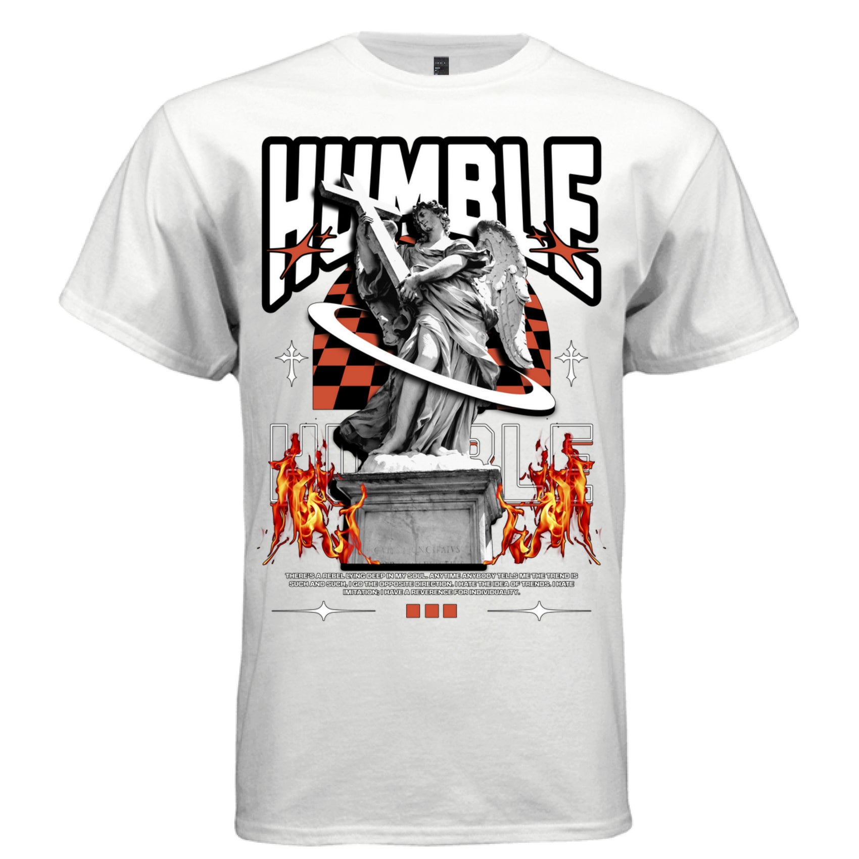 Marble classical angel with large wings holding a lance cross over red and black checker pattern fire at base streetwear t-shirt Project Hood