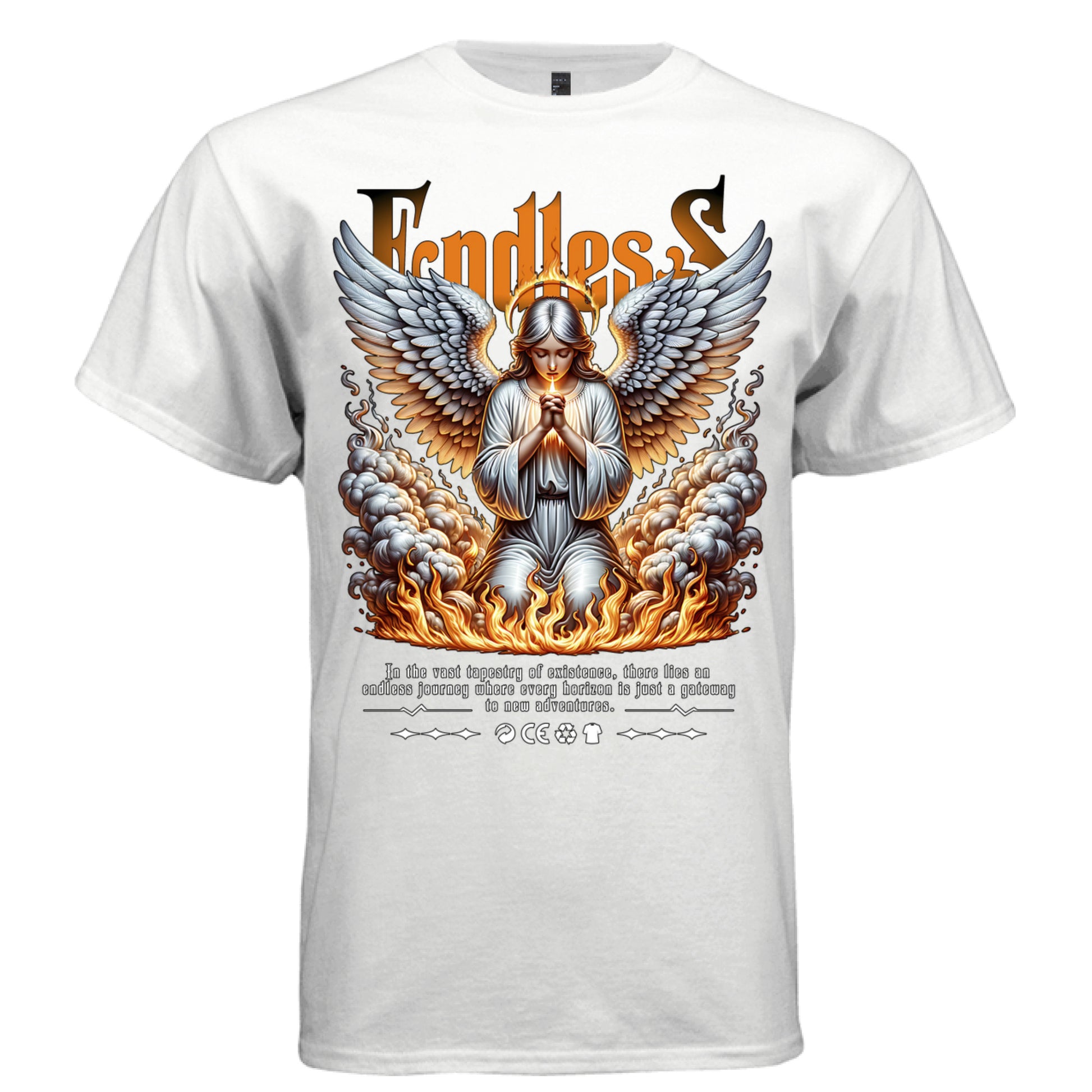 Kneeling angel in prayer with fire and storm clouds hands glowing Endless mixed gothic font orange flame halo faith streetwear t-shirt Project Hood
