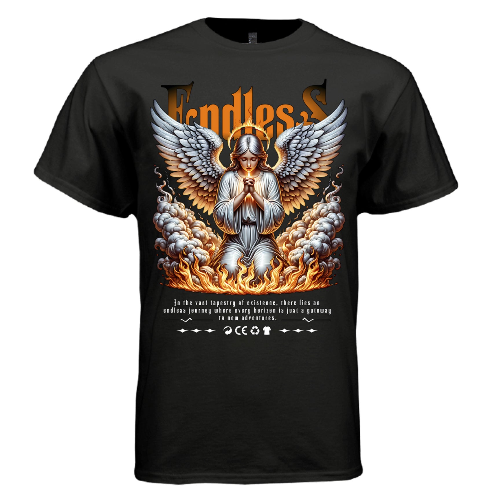Endless faith angel fire storm clouds kneeling prayer glowing light orange gothic text celestial tee oversized unisex Project Hood