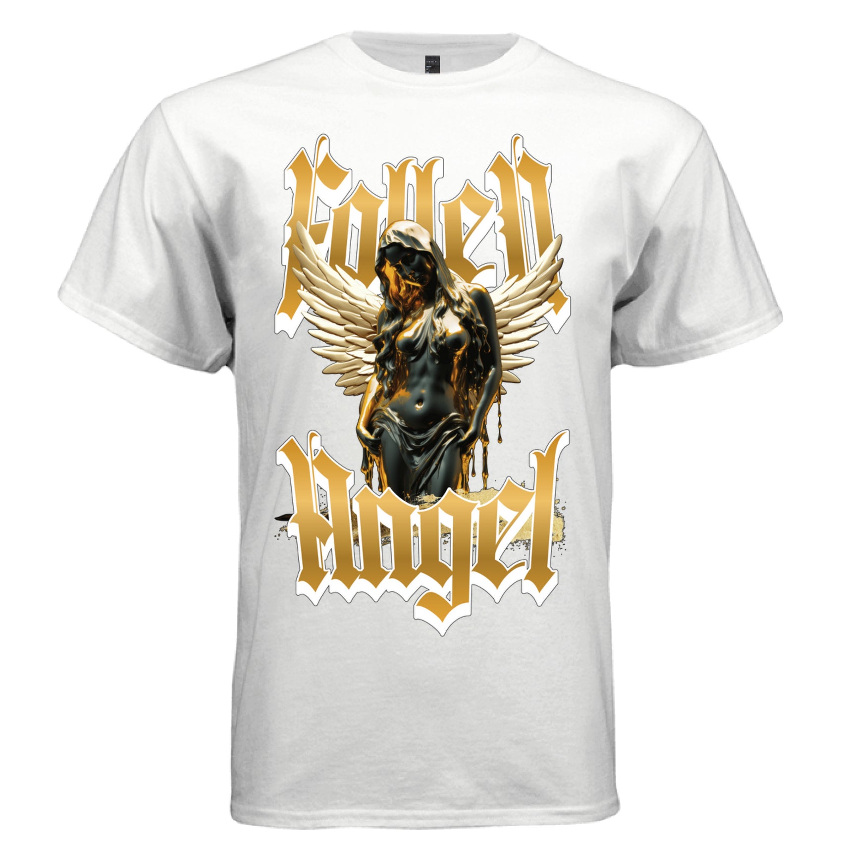 Fallen Angel black oil drip feminine figure cream white wings gold blackletter gothic text beauty and ruin streetwear t-shirt Project Hood