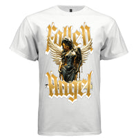 Fallen Angel black oil drip feminine figure cream white wings gold blackletter gothic text beauty and ruin streetwear t-shirt Project Hood