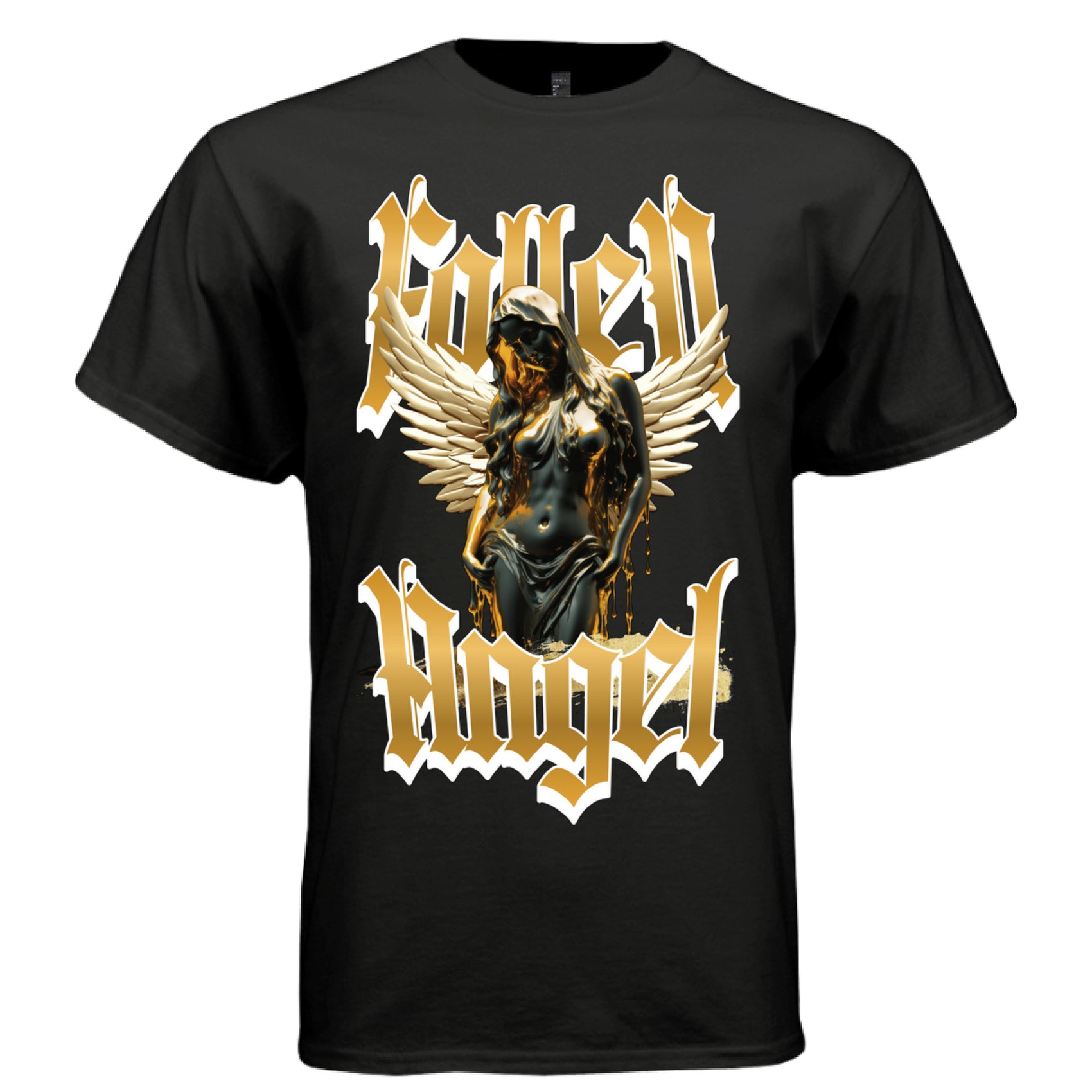 Fallen Angel gold and black blackletter gothic text dark liquid figure cream feather wings beauty fall from grace oversized unisex tee Project Hood