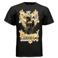 Fallen Angel gold and black blackletter gothic text dark liquid figure cream feather wings beauty fall from grace oversized unisex tee Project Hood