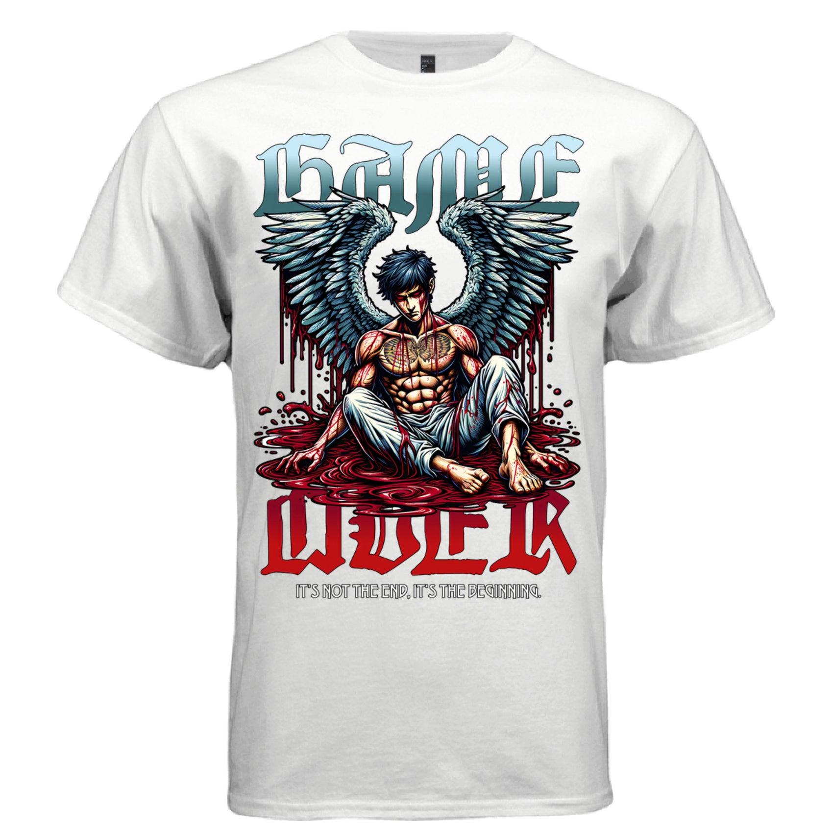 Warrior angel with teal blue wings sitting cross-legged in blood pool battle scars chest tattoo Game Over not the end the beginning streetwear t-shirt Project Hood
