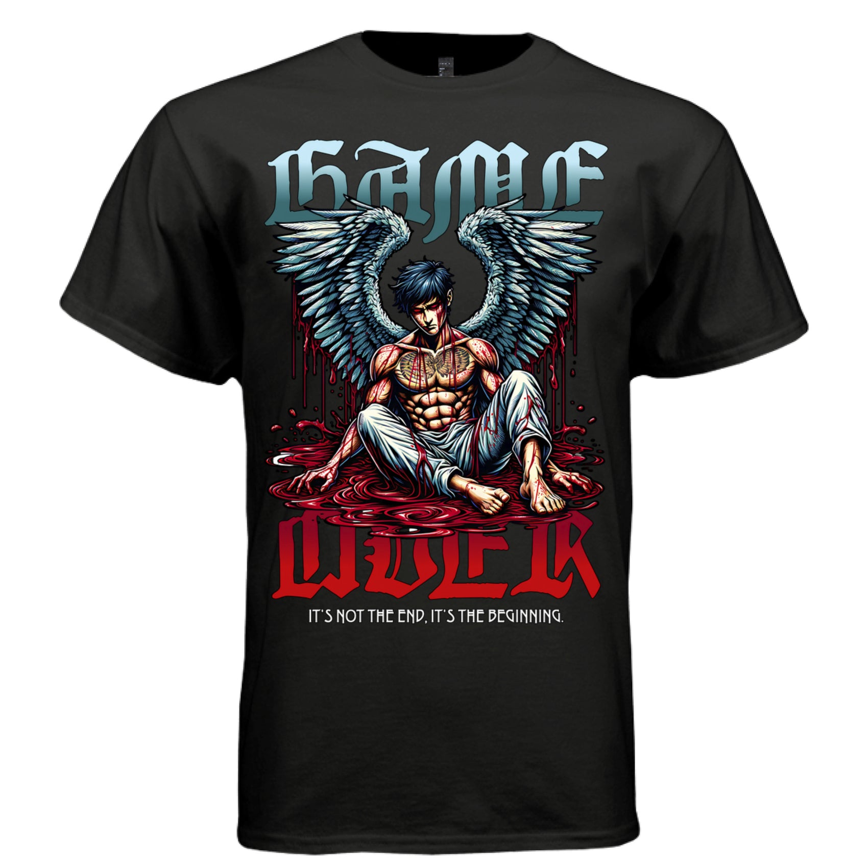 Warrior angel blood pool teal wings game over battle scars chest tattoo red and teal blackletter rebirth faith oversized unisex tee Project Hood