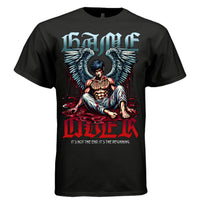 Warrior angel blood pool teal wings game over battle scars chest tattoo red and teal blackletter rebirth faith oversized unisex tee Project Hood