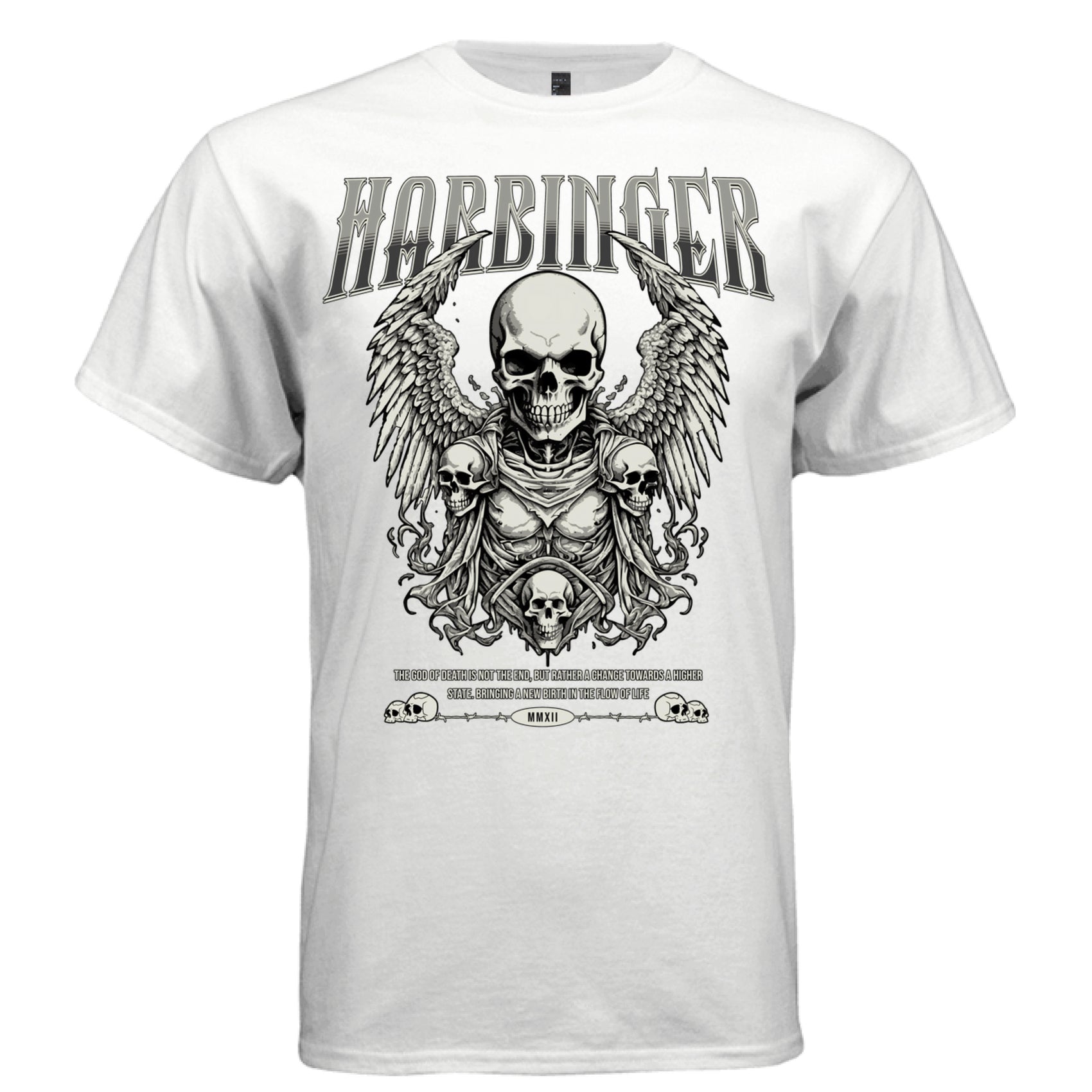 Gothic winged skull with multiple skulls flanking and below Harbinger arch text gradient black grey death rebirth God of Death streetwear t-shirt Project Hood