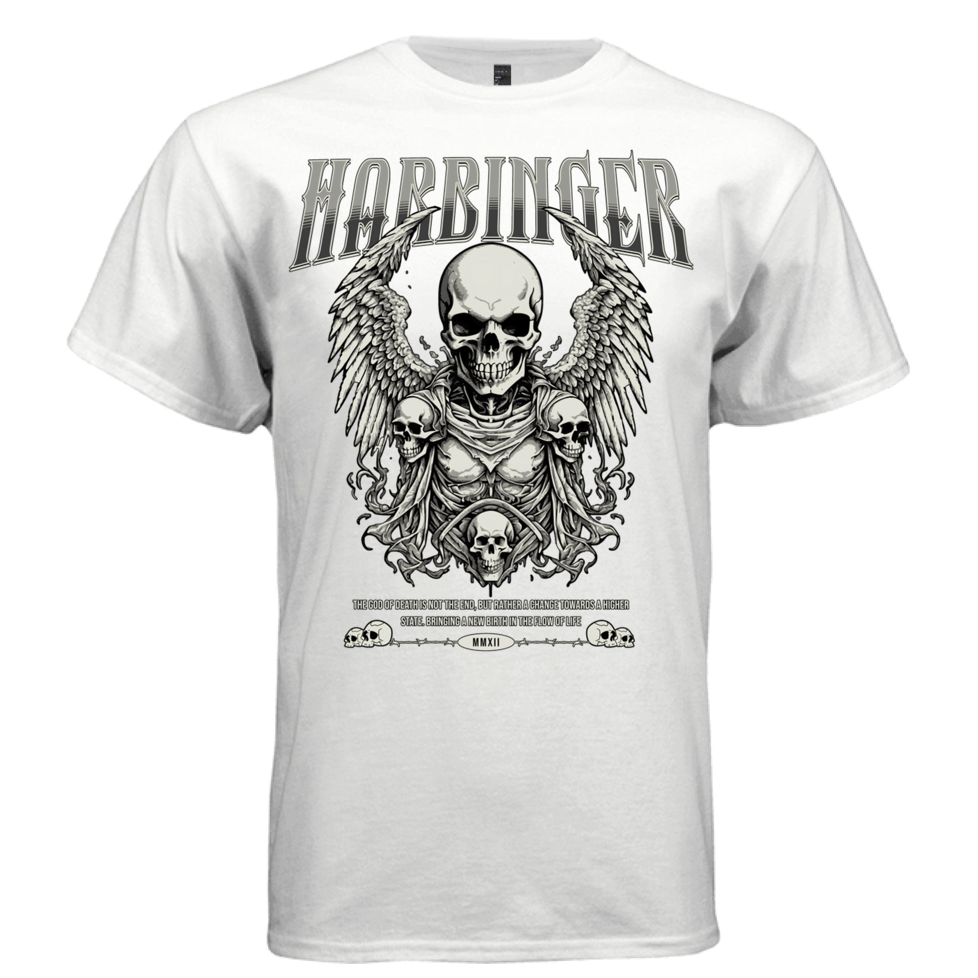 Gothic winged skull with multiple skulls flanking and below Harbinger arch text gradient black grey death rebirth God of Death streetwear t-shirt Project Hood