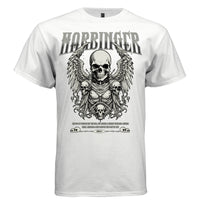 Gothic winged skull with multiple skulls flanking and below Harbinger arch text gradient black grey death rebirth God of Death streetwear t-shirt Project Hood