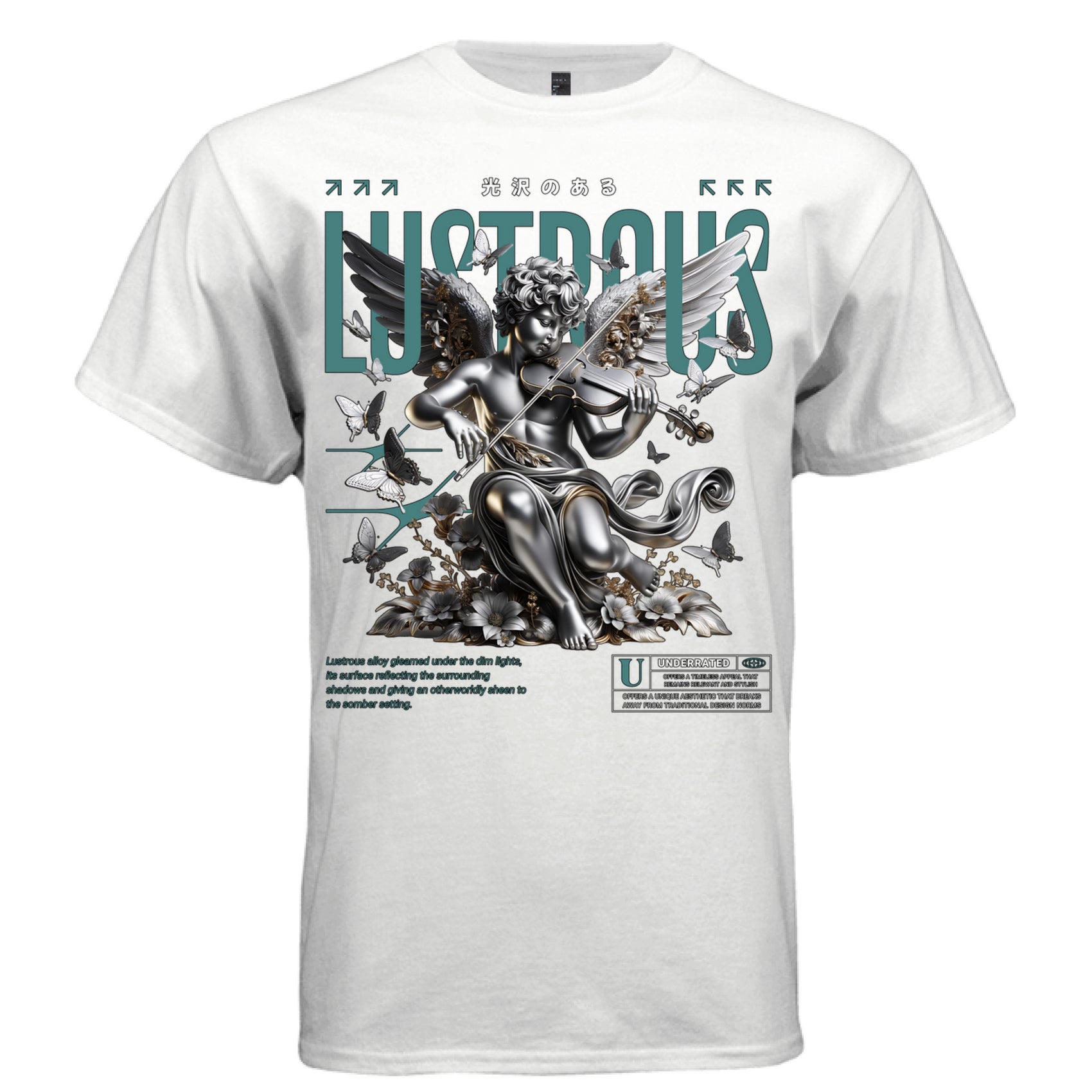 Silver chrome cherub angel playing violin black and white butterflies dark flowers teal Lustrous type Japanese kanji underrated label streetwear t-shirt Project Hood