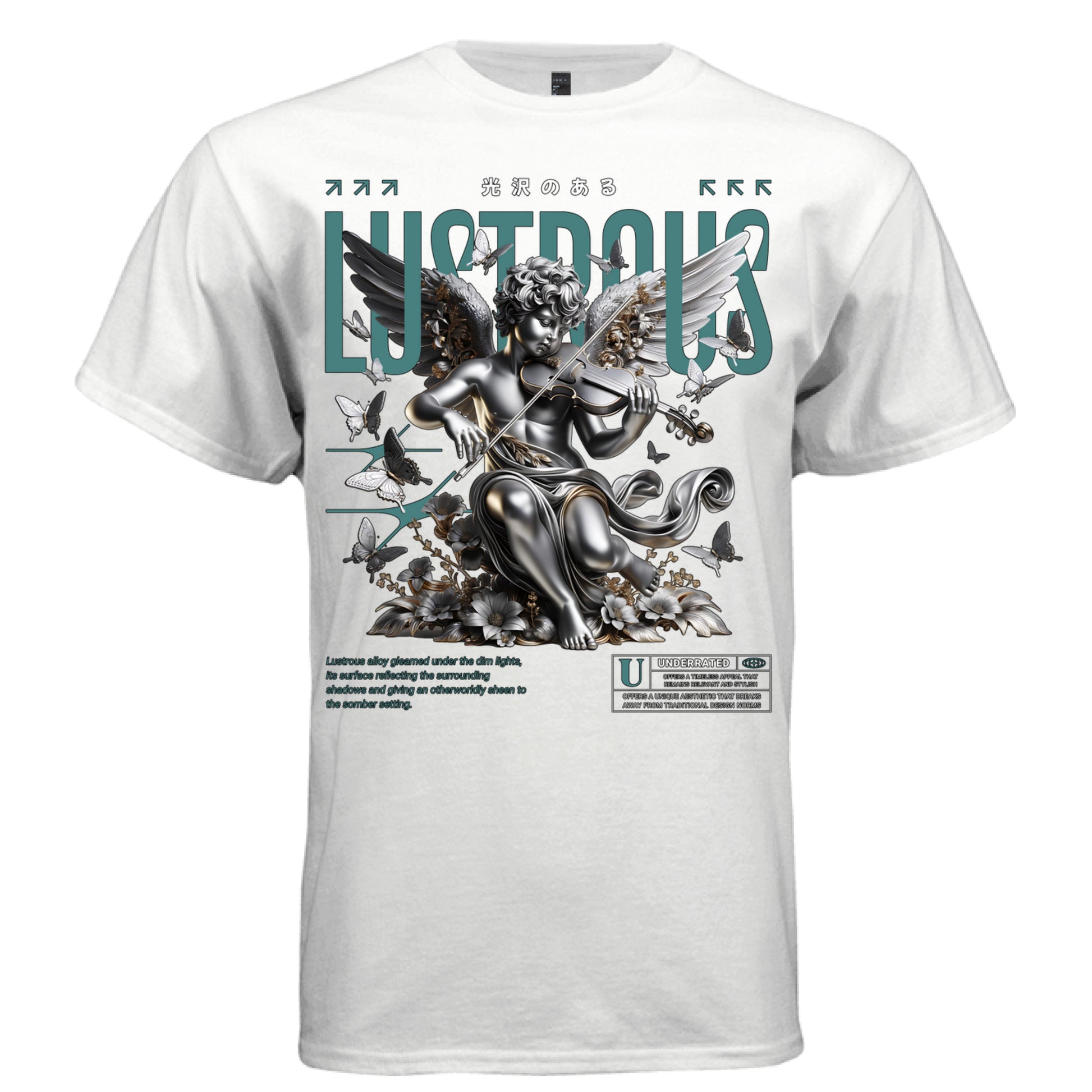 Silver chrome cherub angel playing violin black and white butterflies dark flowers teal Lustrous type Japanese kanji underrated label streetwear t-shirt Project Hood