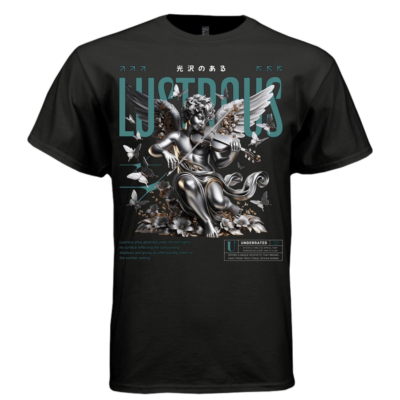 Silver alloy cherub playing violin black butterfly swarm dark flowers teal Lustrous text lustrous alloy otherworldly sheen oversized unisex tee Project Hood