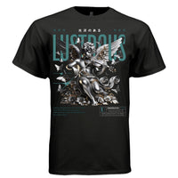 Silver alloy cherub playing violin black butterfly swarm dark flowers teal Lustrous text lustrous alloy otherworldly sheen oversized unisex tee Project Hood