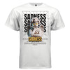 Marble cherub pouting with crossed X eyes orange gold marks SADNESS repeating text perspective grid gold bold Sadness text gratitude quote streetwear t-shirt Project Hood