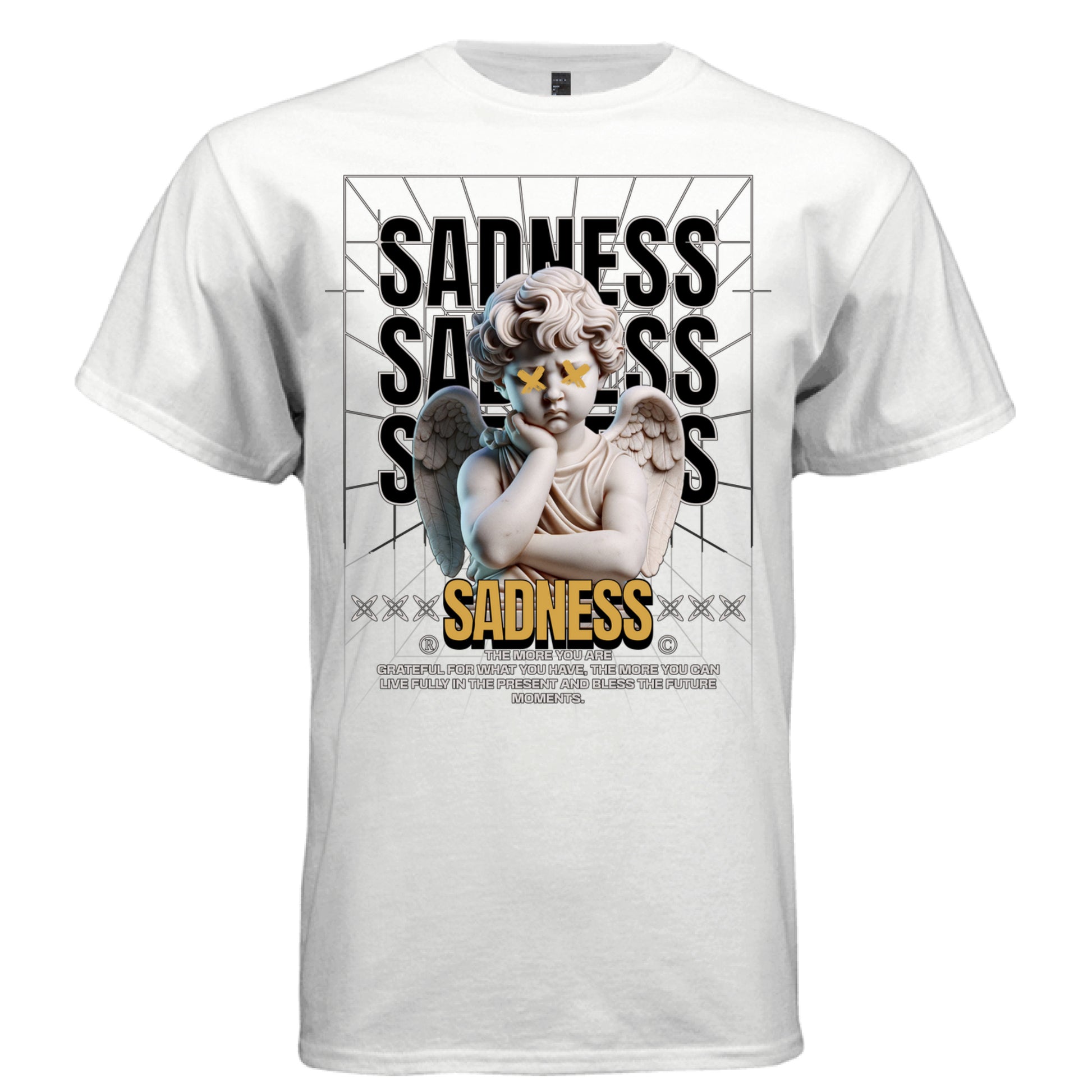 Marble cherub pouting with crossed X eyes orange gold marks SADNESS repeating text perspective grid gold bold Sadness text gratitude quote streetwear t-shirt Project Hood