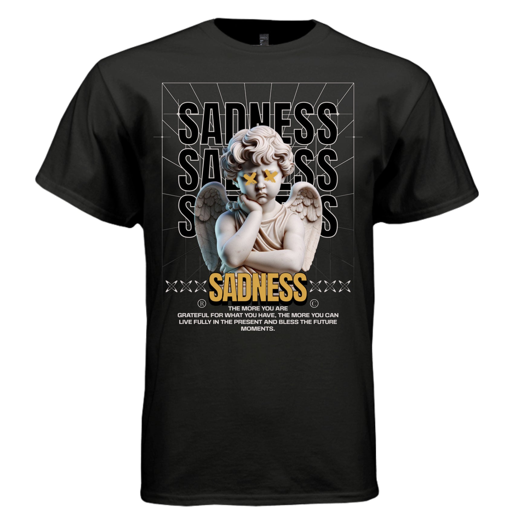 Marble cherub broken X eyes gold SADNESS bold text repeating type perspective grid grateful for present moments faith tee oversized unisex Project Hood