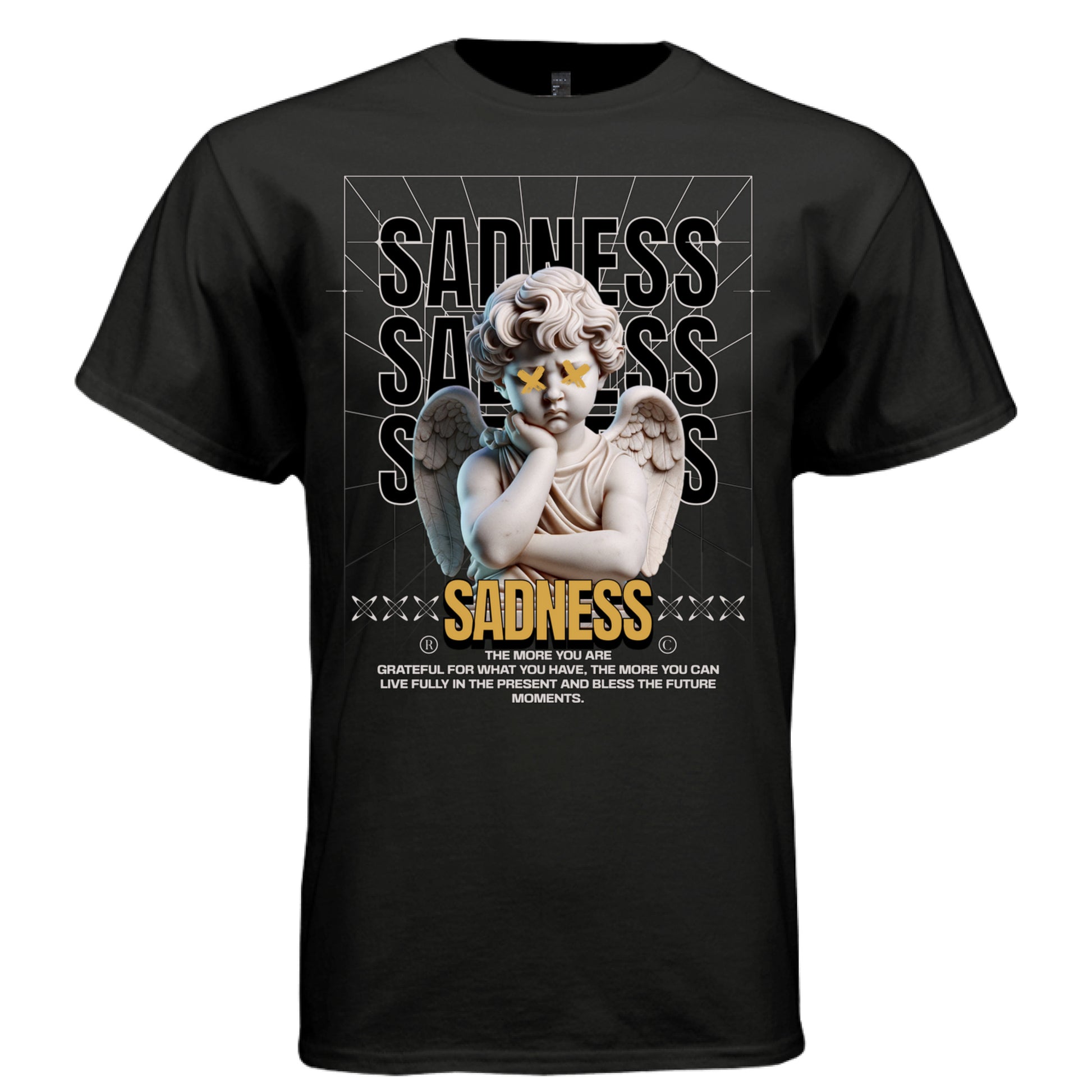 Marble cherub broken X eyes gold SADNESS bold text repeating type perspective grid grateful for present moments faith tee oversized unisex Project Hood