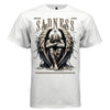 Dark angel with massive black and tan feathered wings bound in ropes body wrapped head down arms crossed SADNESS brown text silent despair hope faith streetwear t-shirt Project Hood