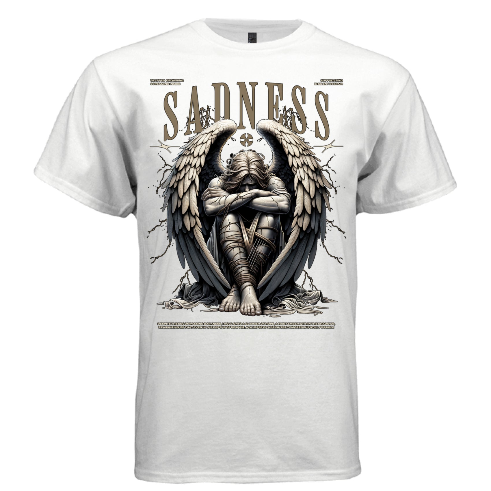 Dark angel with massive black and tan feathered wings bound in ropes body wrapped head down arms crossed SADNESS brown text silent despair hope faith streetwear t-shirt Project Hood