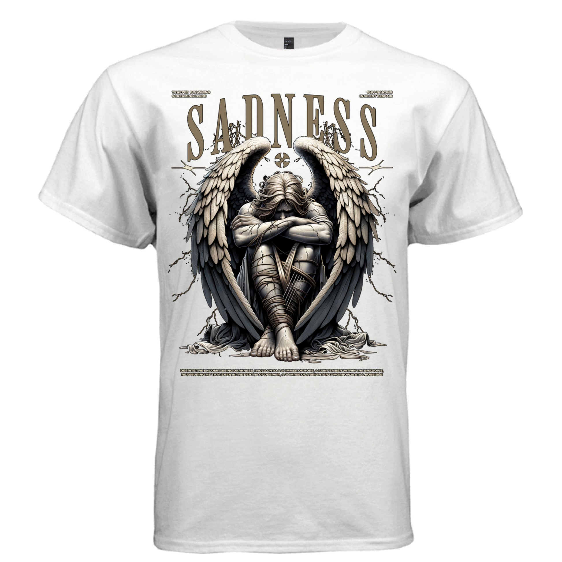 Dark angel with massive black and tan feathered wings bound in ropes body wrapped head down arms crossed SADNESS brown text silent despair hope faith streetwear t-shirt Project Hood