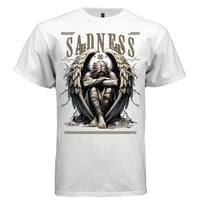 Dark angel with massive black and tan feathered wings bound in ropes body wrapped head down arms crossed SADNESS brown text silent despair hope faith streetwear t-shirt Project Hood