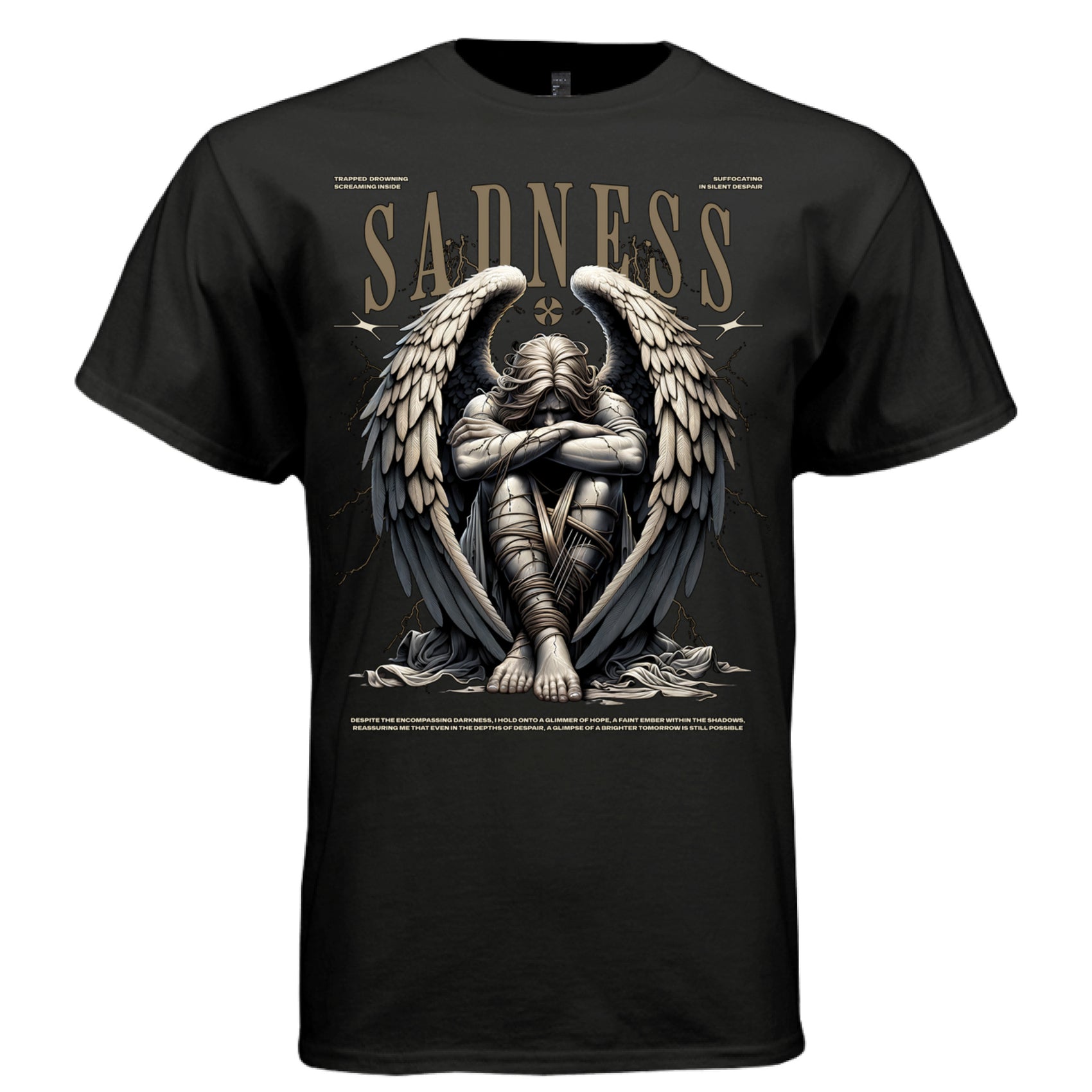 Sadness bound angel dark feather wings ropes across limbs head covered by hair trapped screaming inside hope in despair oversized unisex tee Project Hood