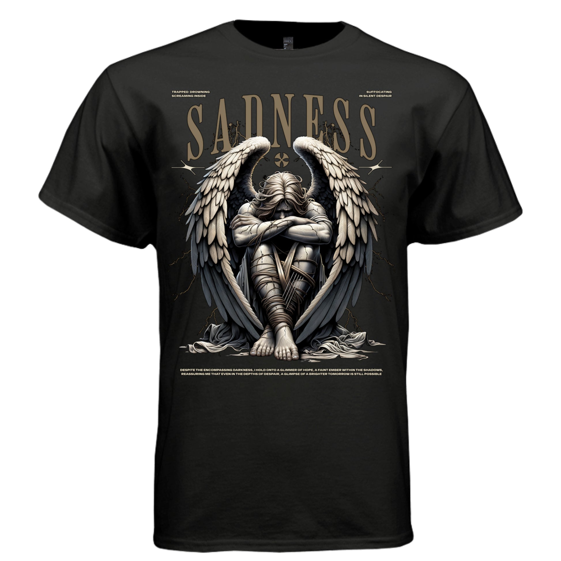 Sadness bound angel dark feather wings ropes across limbs head covered by hair trapped screaming inside hope in despair oversized unisex tee Project Hood