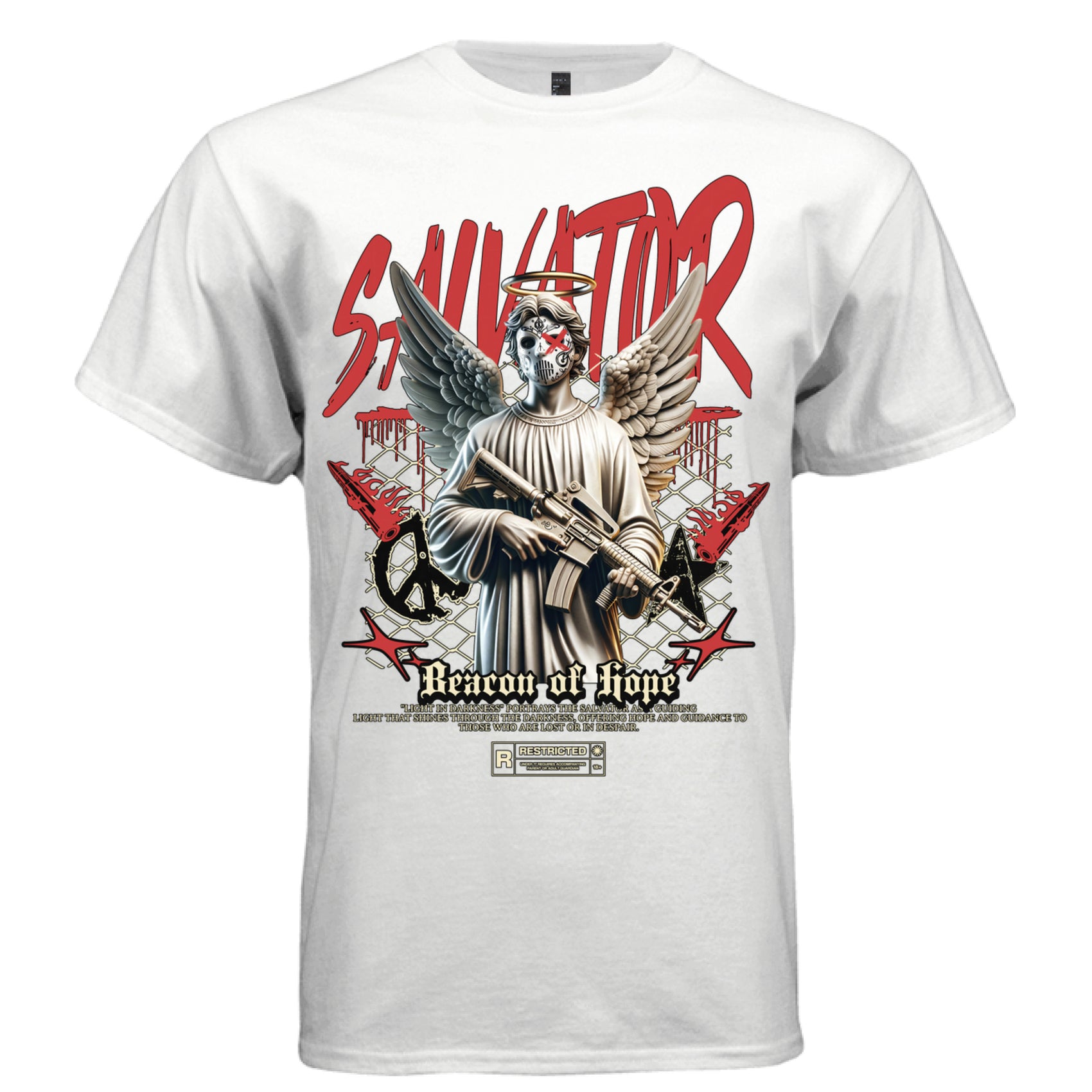 angel with rifle hockey mask gold halo chain fence tee Project Hood