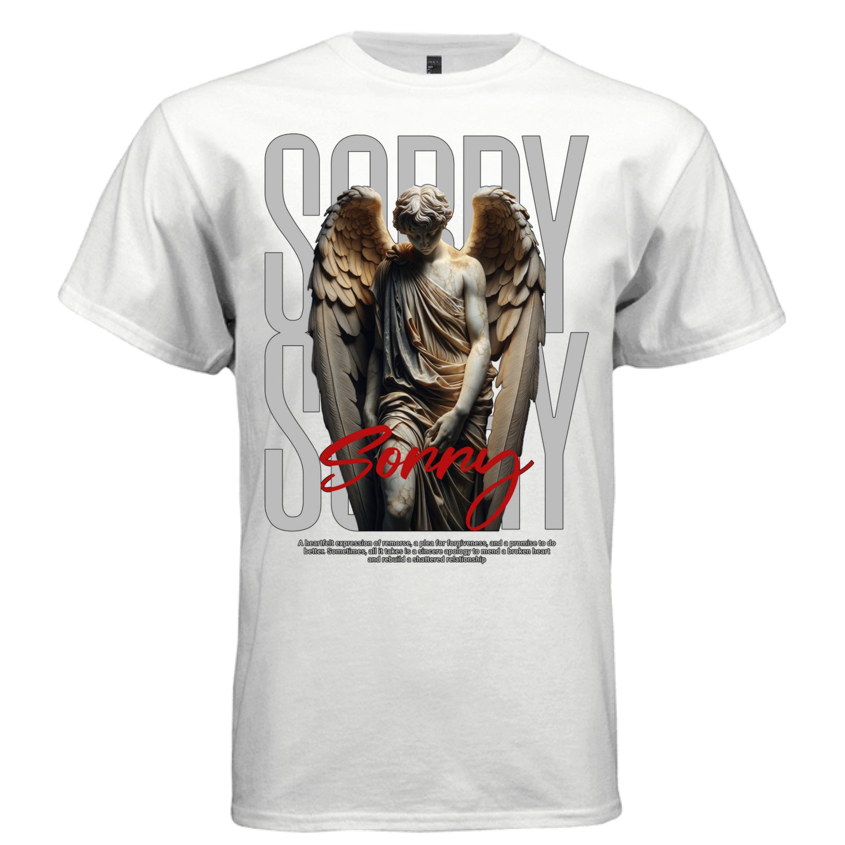 marble angel wings kneeling sorry script red text tee Project Hood