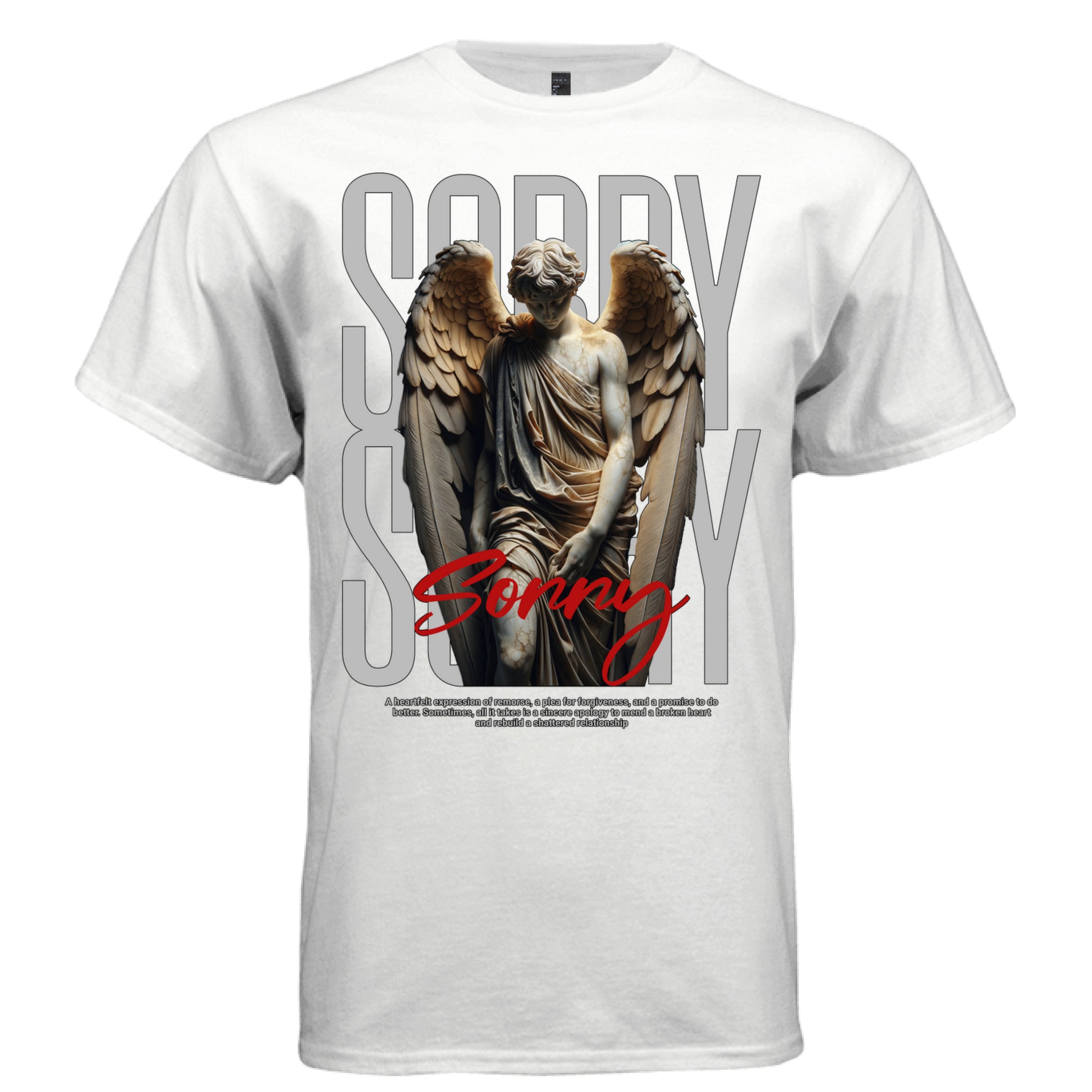 marble angel wings kneeling sorry script red text tee Project Hood