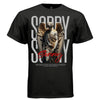 sorry angel statue red cursive script bold background tee Project Hood
