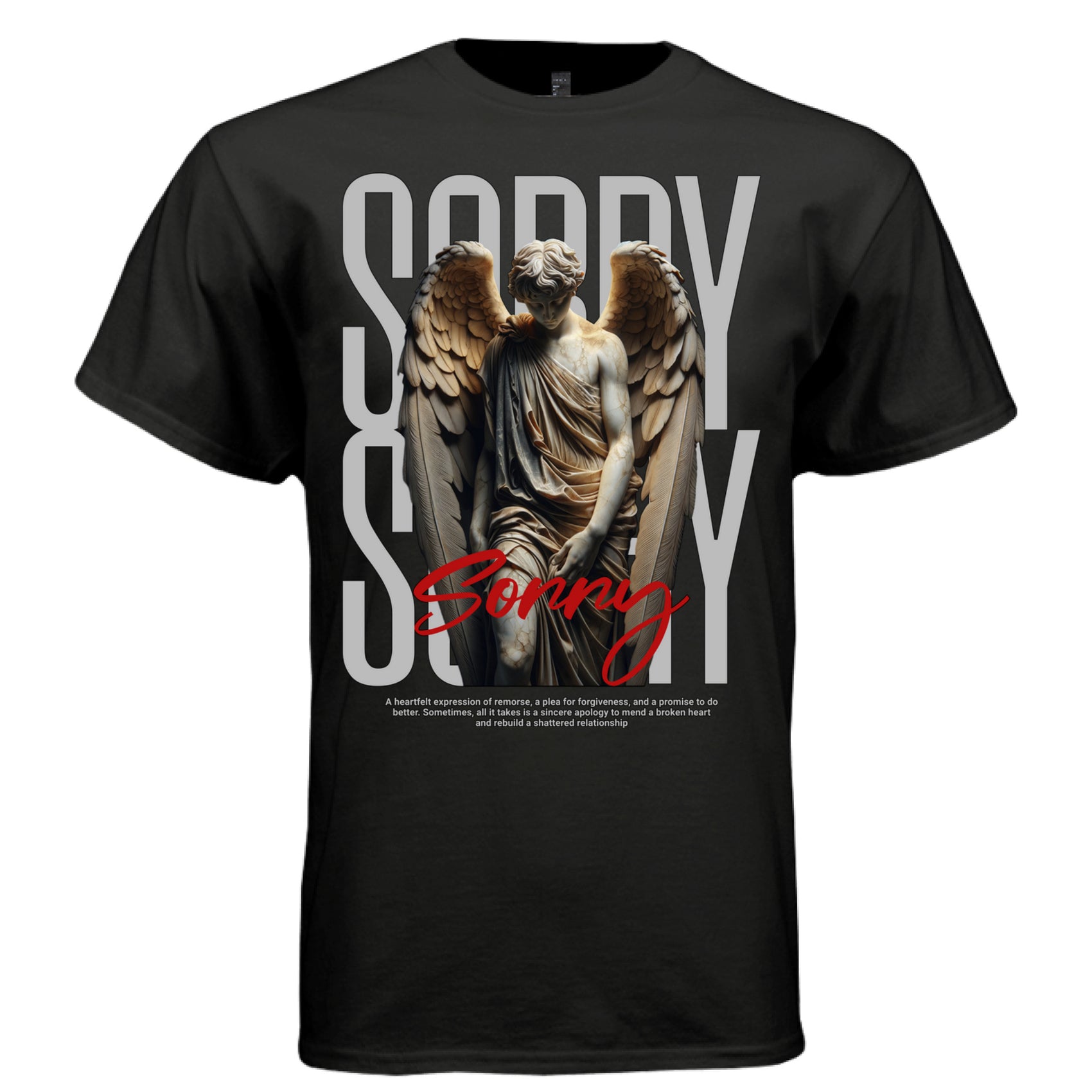 sorry angel statue red cursive script bold background tee Project Hood