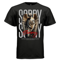 sorry angel statue red cursive script bold background tee Project Hood