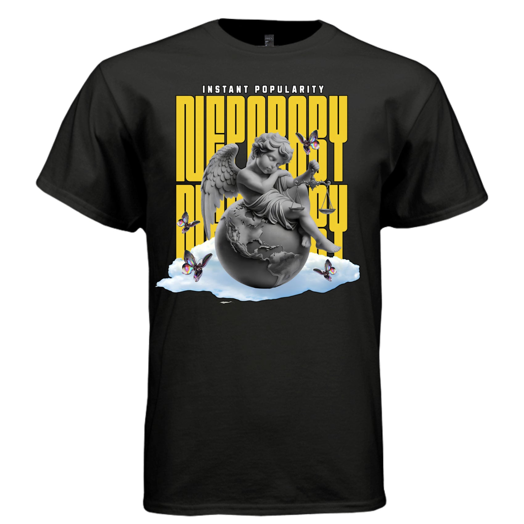 social commentary cherub globe clouds holographic butterfly Project Hood