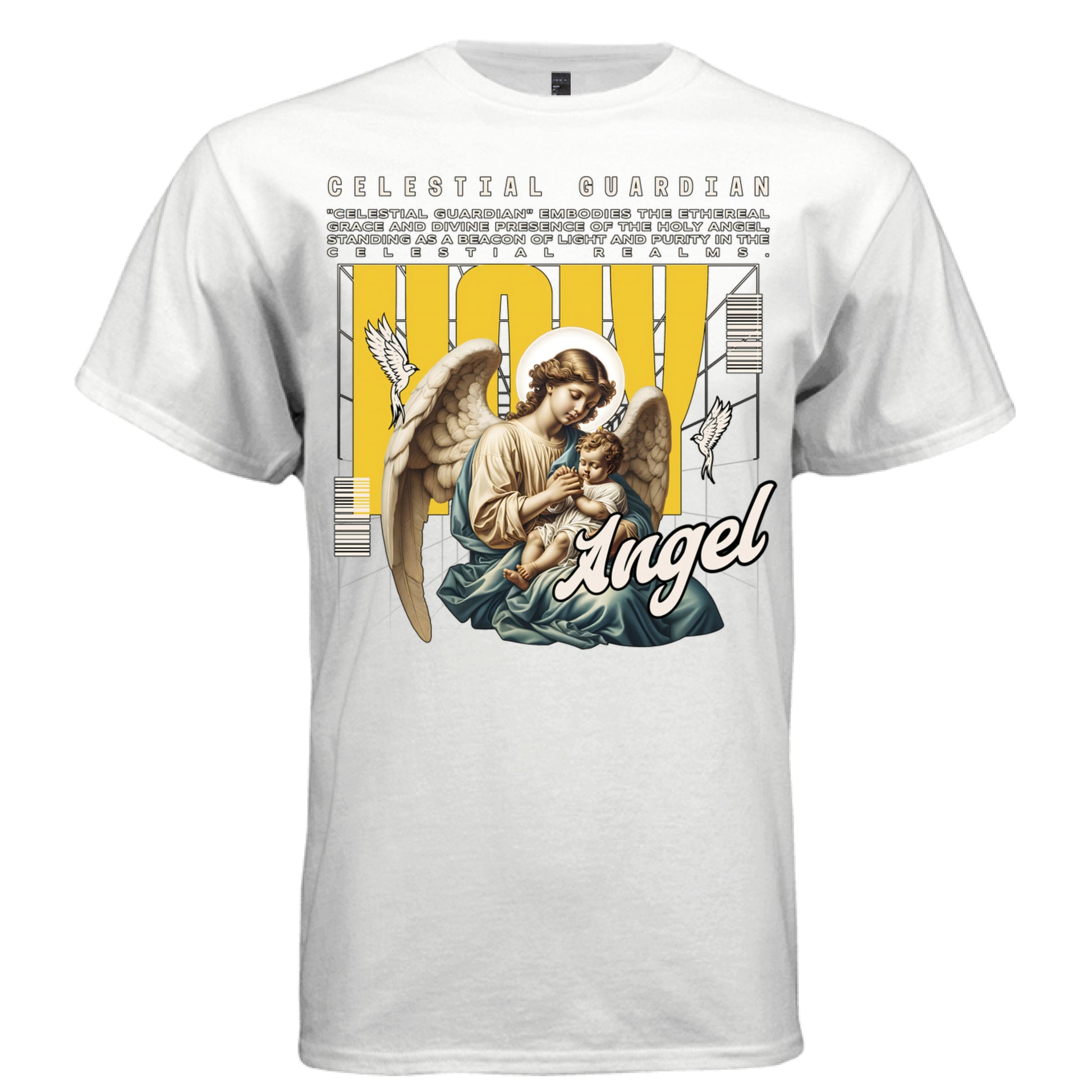 holy angel halo doves yellow HOY block letters grid background streetwear Project Hood