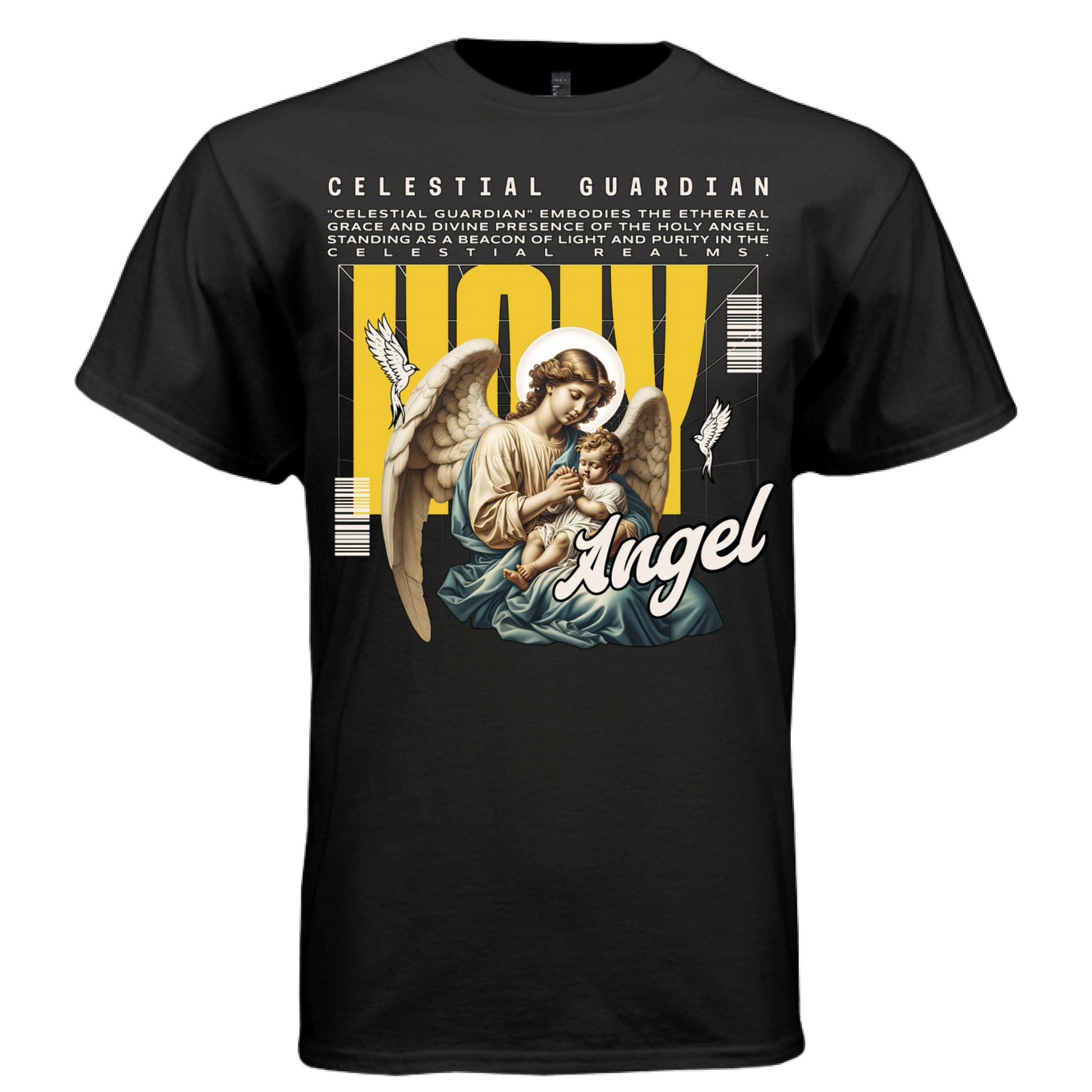 angel script oversized celestial guardian bold yellow background DTG Project Hood