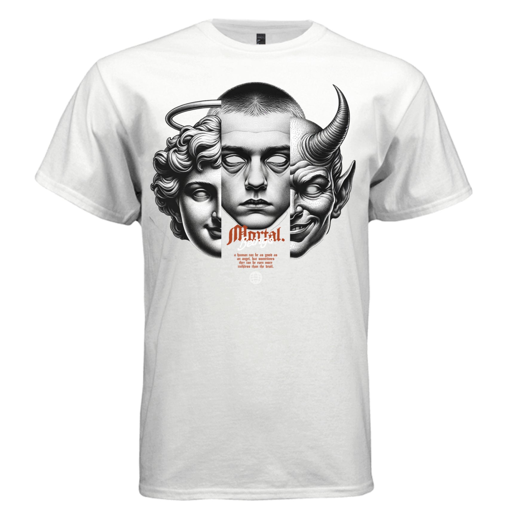 angel face human face devil horns panel split duality graphic shirt Project Hood