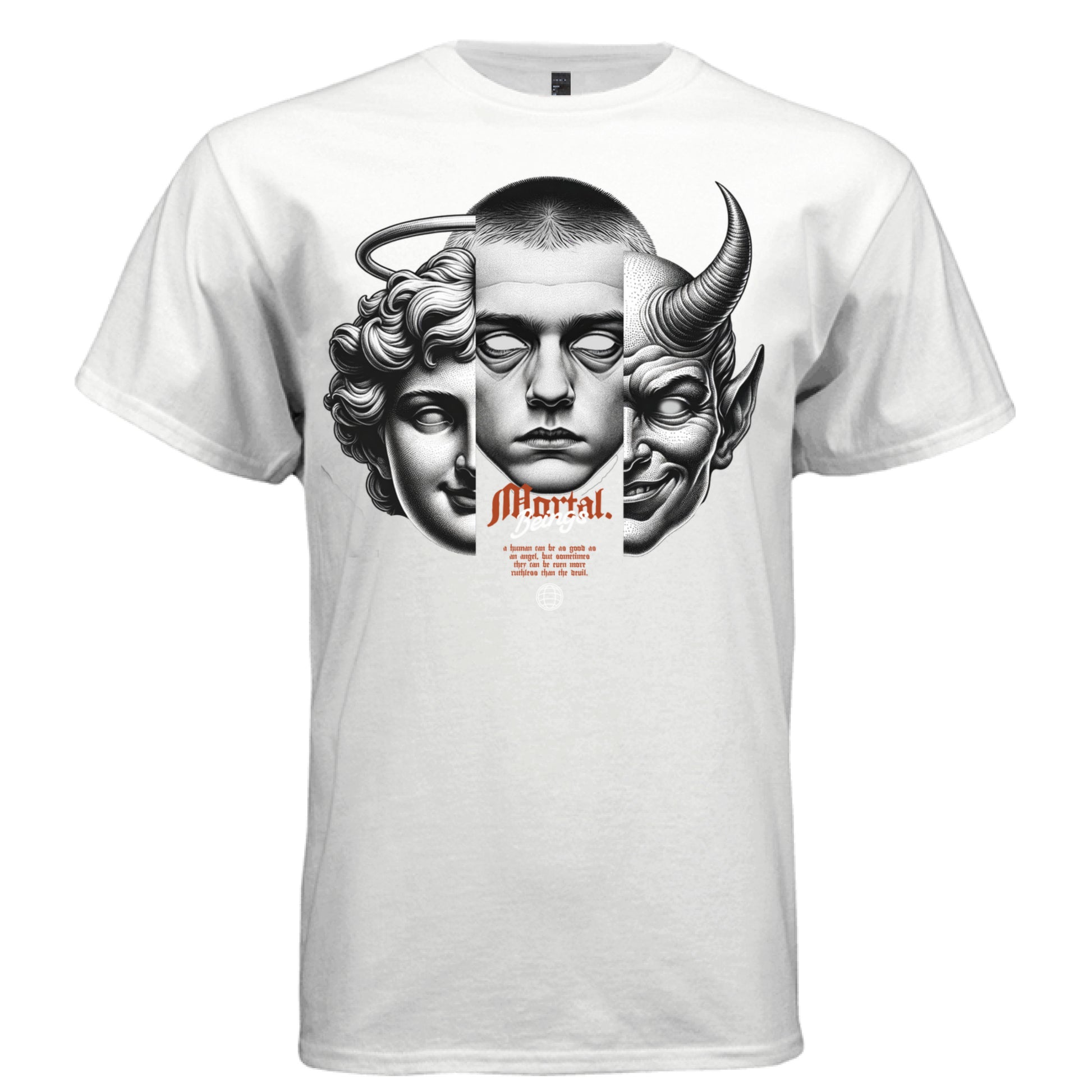 angel face human face devil horns panel split duality graphic shirt Project Hood