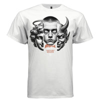 angel face human face devil horns panel split duality graphic shirt Project Hood