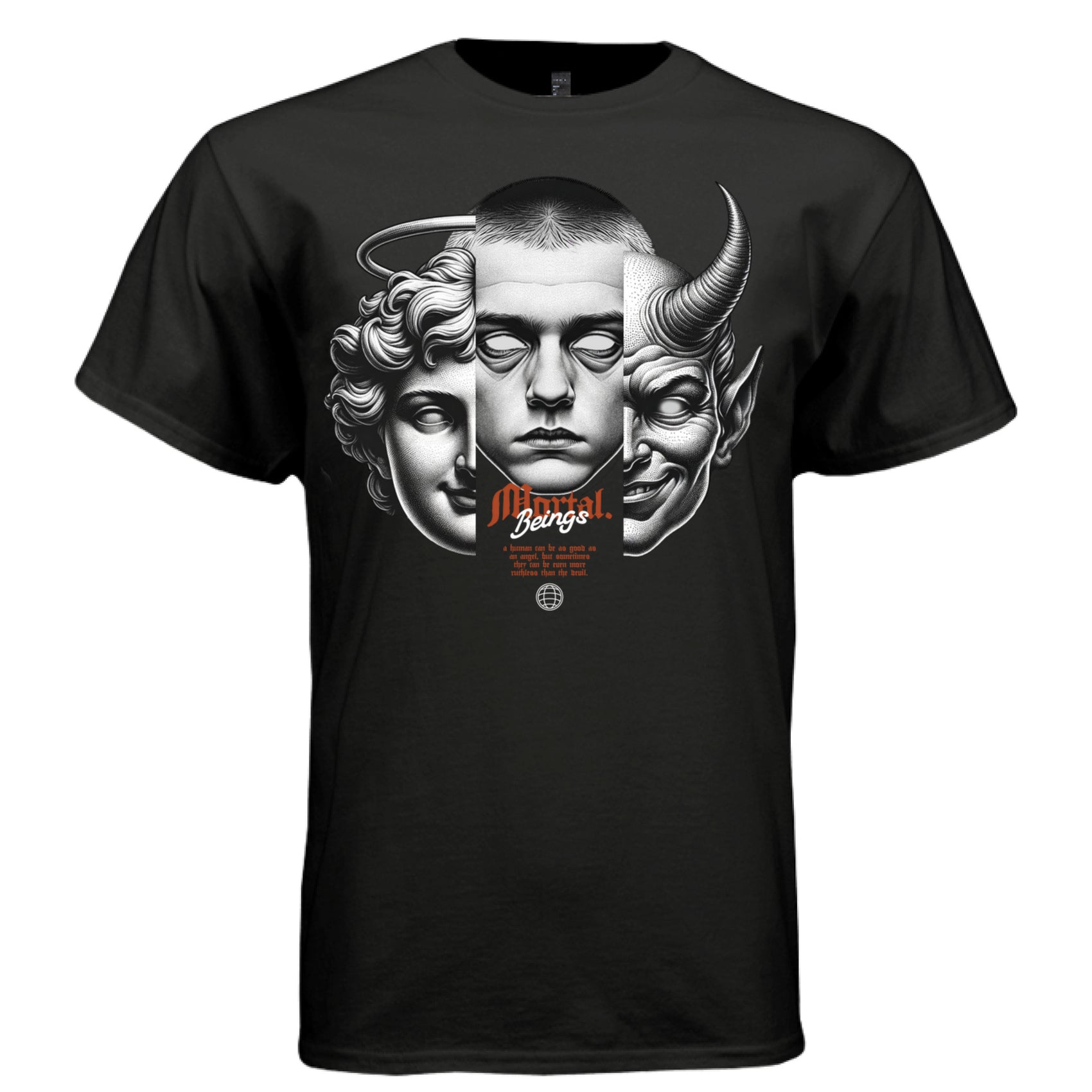 black white fine line angel devil human trifaced mortal statement shirt Project Hood